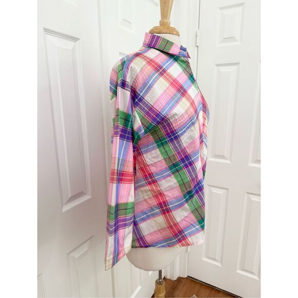 Marisa Baratelli Asymmetrical Pink Green Plaid Pleated Thai Silk Blouse Shirt 6 - Picture 3 of 6